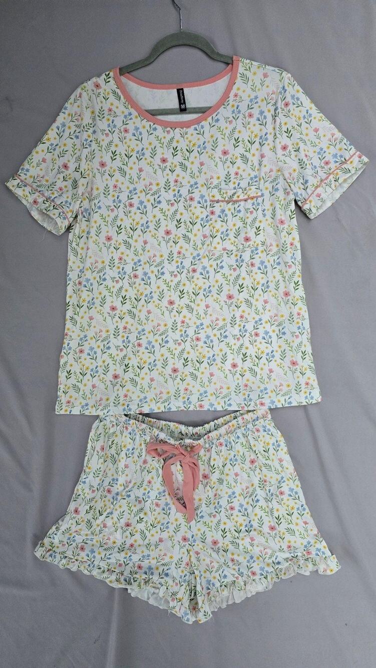 PrinStory Pajama Set Womens Medium Multicolor Floral Ruffle Shorts Sleepwear